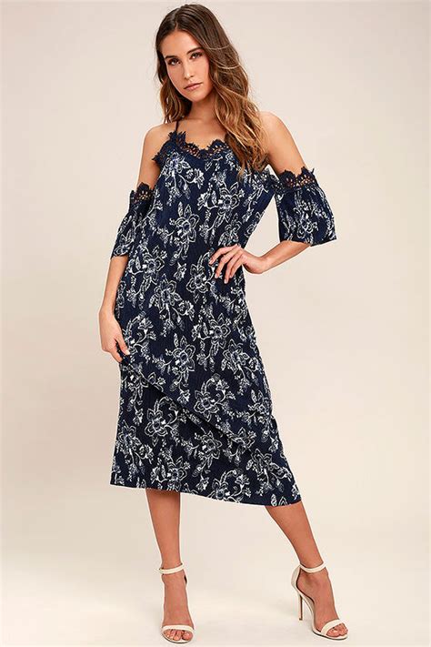 Lovely Navy Blue Dress Floral Print Dress Off The Shoulder Dress Midi Dress 9300 Lulus