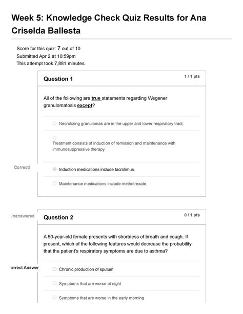 Knowledge Check Conditions OF THE Respiratory System Week 5