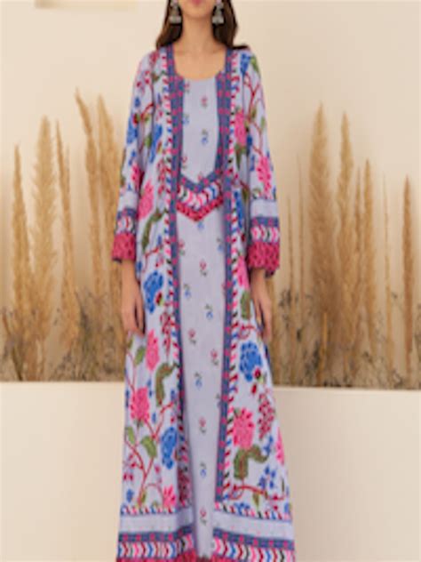 Buy Rustorange Floral Printed A Line Maxi Ethnic Dress With Long Shrug