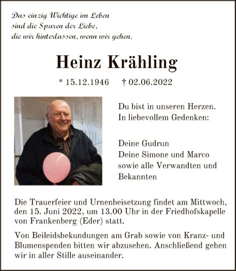 Traueranzeigen Von Heinz Kr Hling Trauer Hna De