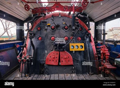 Inside A Locomotive Cab A View Of The Steam Coal Fired Controls At