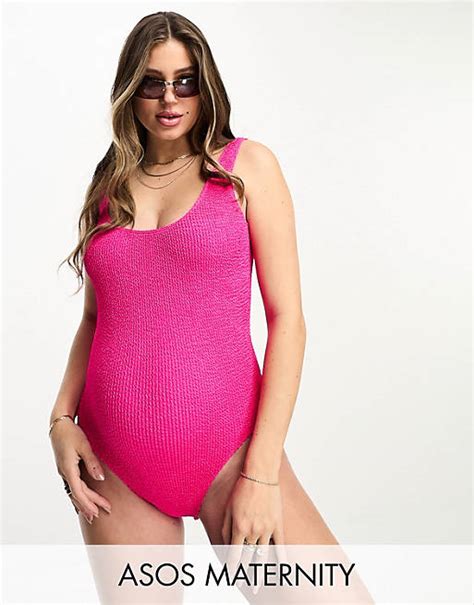 Asos Design Maternity Crinkle Scoop Swimsuit In Pop Pink Asos