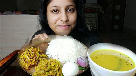 Eating Show Rice Masoor Dal Cabbage Curry Egg Aloo Vaja