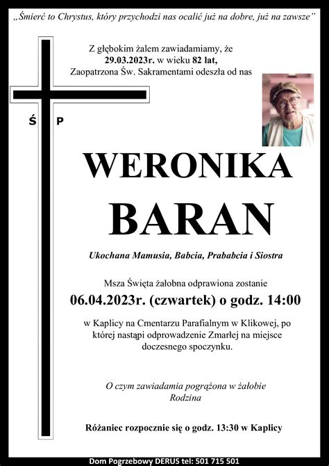 Śp Weronika Baran A W Derus Usługi Pogrzebowe Tarnów