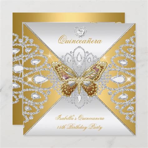 Quinceanera 15th Party Gold Silver Butterfly Tiara Invitation Zazzle