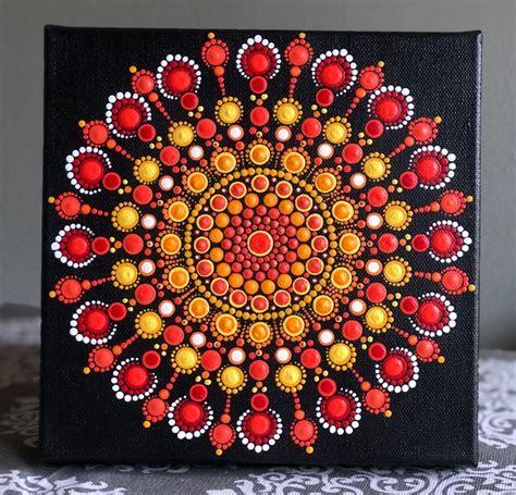 Bright And Vibrant Dot Mandala Hand Painted On Black Stretched Canvas