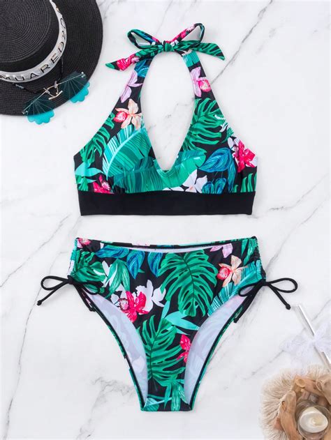 Tropical Print Halter Bikini Swimsuit Shein Usa