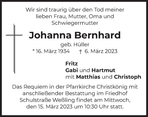 Traueranzeigen Von Johanna Bernhard Trauer Merkur De