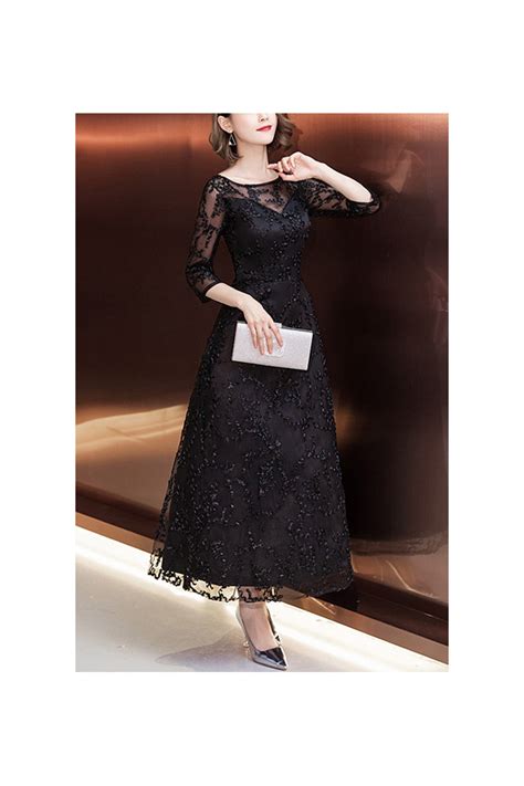 Black Lace Ankle Length Hoco Party Dress With 34 Sleeves 684792