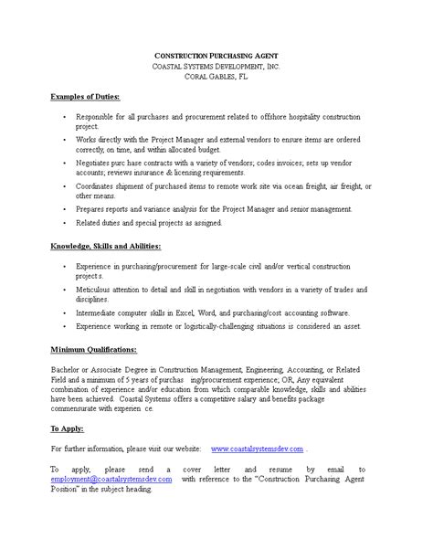 Construction Purchasing Agent Job Description Project Experience