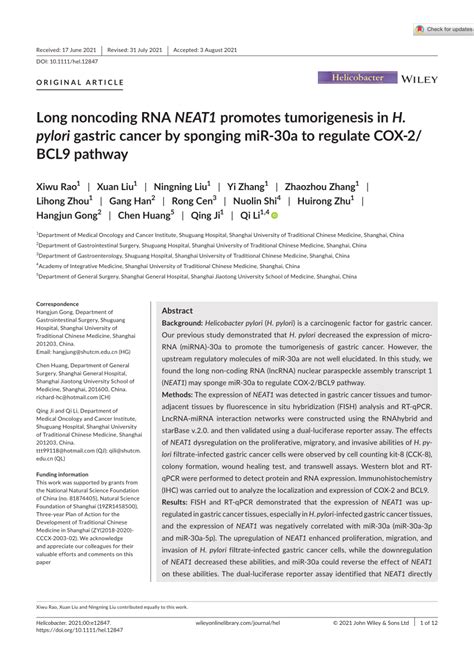 PDF Long Noncoding RNA NEAT1 Promotes Tumorigenesis In H Pylori