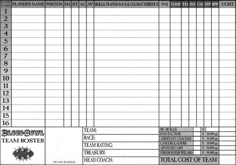 Blood Bowl Team Roster Fillable PDF Fillable Form 2024