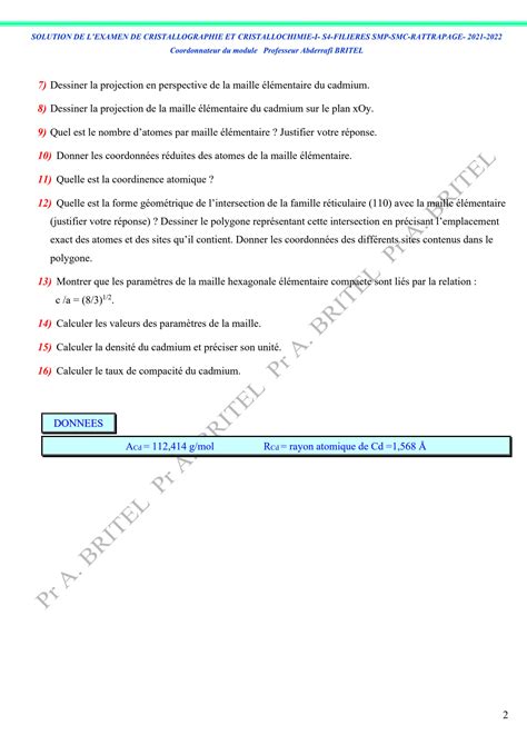 Solution Solution De L Examen De Cristallographie Et Cristallochimie