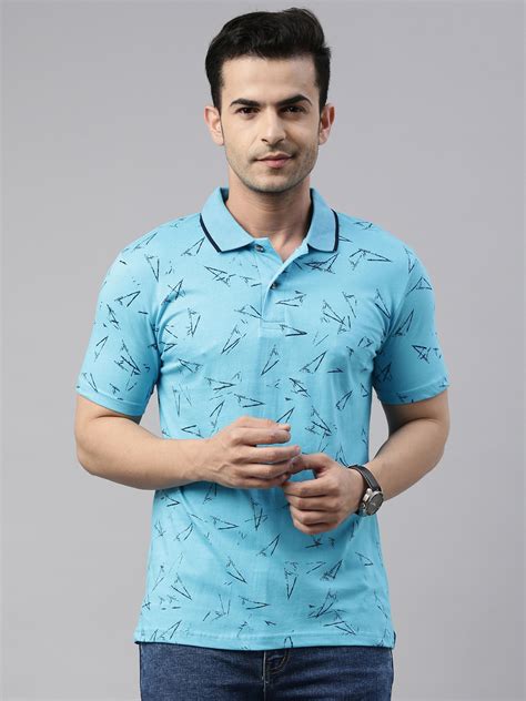 Mens Blue Cotton Printed Polos