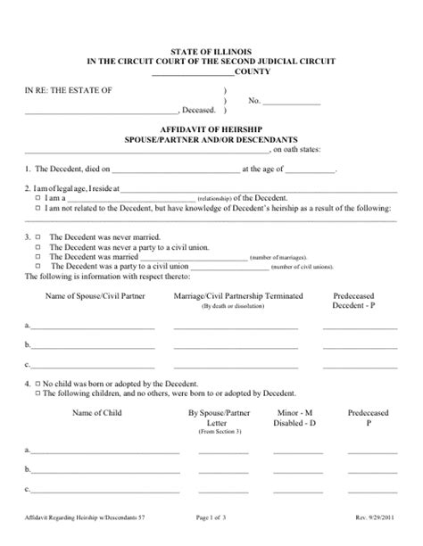 Illinois Affidavit Of Heirship Spouse Partner And Or Descendants Fill