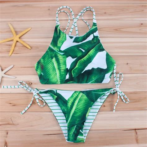 Green Leaf Bikini 2018 Reversible Swimwear Women Crop Top Swimsuit