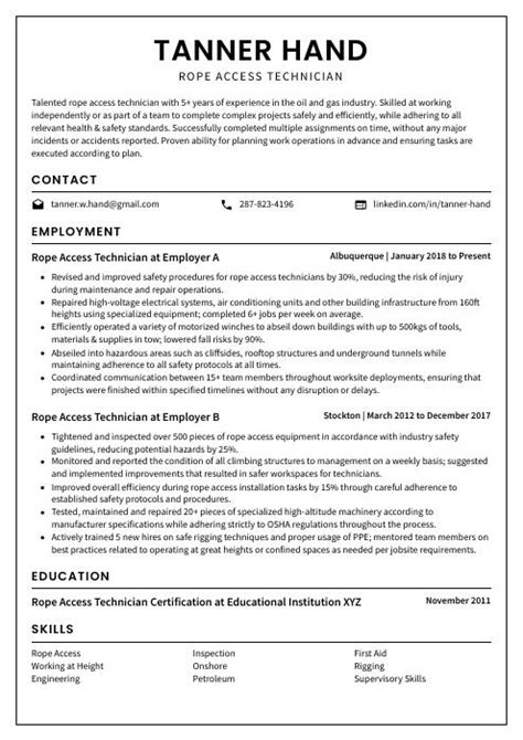 Rope Access Technician Resume Cv Example And Writing Guide