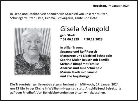 Trauer Gisela Mangold Teckbote Trauerportal