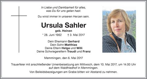 Traueranzeigen Von Ursula Sahler Allg Uer Zeitung