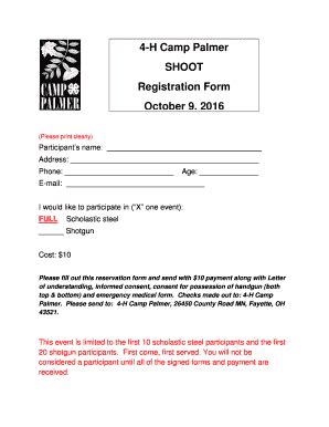 Fillable Online 4 H Camp Palmer SHOOT Registration Form October 9 2016