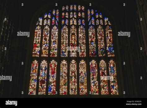 Stained glass windows inside King's College Chapel in Cambridge ...