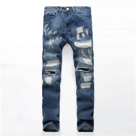 New Biker Men Jeans Homme Hi Street Hole Slim Fit Distressed Ripped