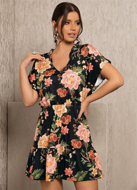 Vestido Floral Laranja Babados Quintess