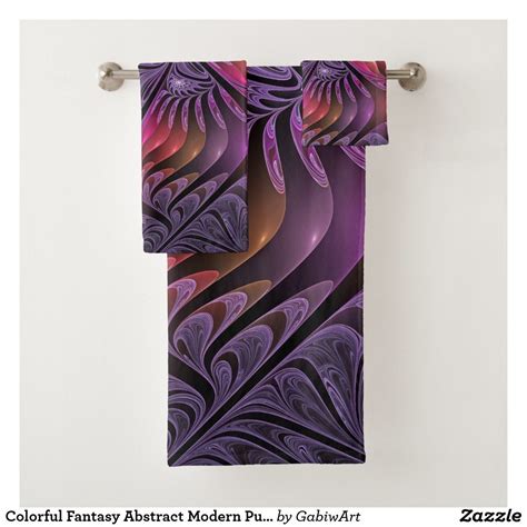 Colorful Fantasy Abstract Modern Purple Fractal Bath Towel Set