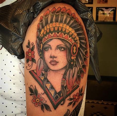 American Traditional Indian Girl Tattoo