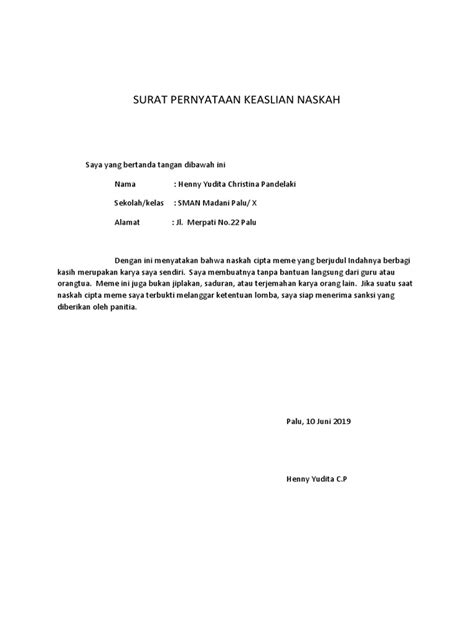 Contoh Surat Pernyataan Keaslian Naskah Pdf