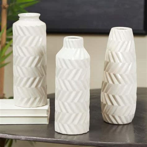 Litton Lane White Dimensional Chevron Textured Ceramic Decorative Vase