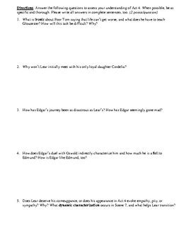 King Lear Act Multiple Choice And Short Answer Quiz By Bradley Thompson