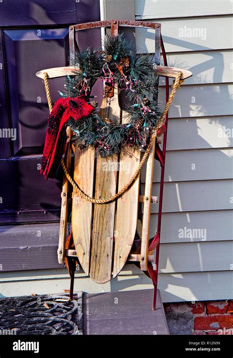 Vintage Decorations In Historic Town Using Old Sleighs Chests And