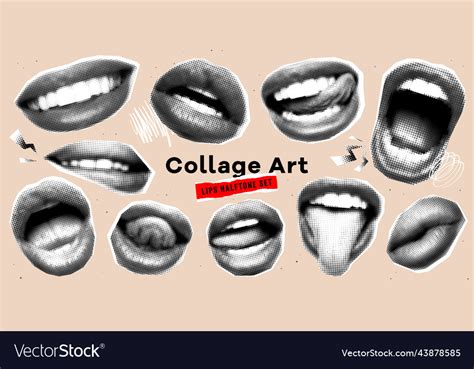 Collage Mouth Set With Grunge Elements Halftone Vector Image