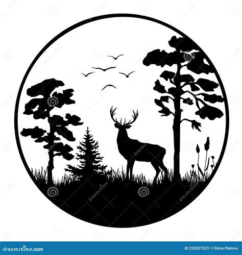 A Black Silhouette of a Deer in Forest in Circle Stock Vector ...