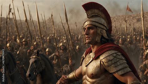 portrait of Alexander the Great standing in front of his army, battle ...