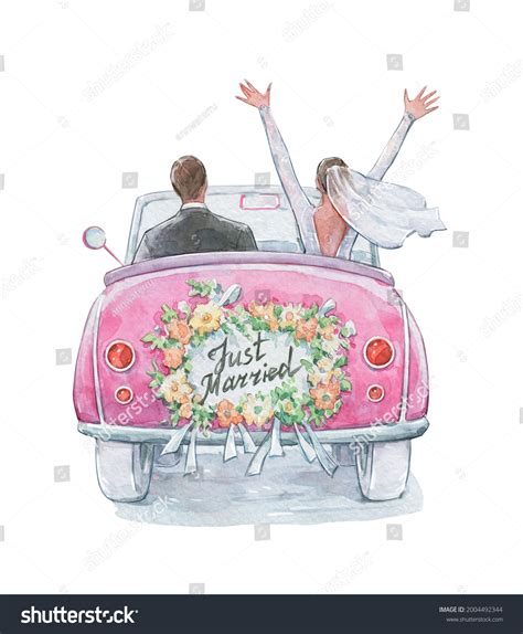 Just Married Couple Car Watercolor Art Stock Illustration 2004492344