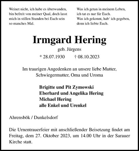 Traueranzeigen Von Irmgard Hering Trauer Anzeigen De