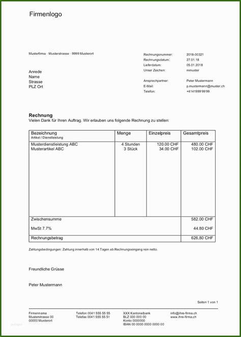 Vorlage Rechnung Word Rechnungsvorlage Schweiz Im Word Excel