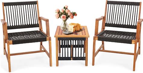 Tangkula 3 Pieces Acacia Wood Outdoor Furniture Set All Weather Rope Woven Bistro Set With