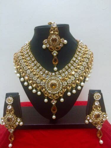 Indian Bollywood Style Diamante Kundan Pearl Gold Plated Bridal Jewelry