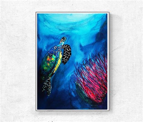 Nursery Art Turtle Underwater Blue Ocean Sea Red Corals Print Wall