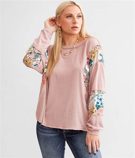 Daytrip Raw Edge Textured Top Womens Shirts And Blouses In Mauve Multi Buckle