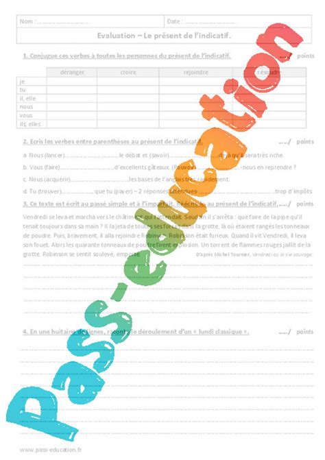 Présent de lindicatif Examen Evaluation 1ere Secondaire PDF à