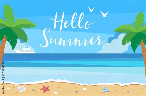 Hello Summer Background With Beach View Sand Sea Shells Sea Star