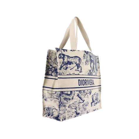 Sac Cabas Dioriviera Dior Raphia Beige Et Imprim Animaux Bleu