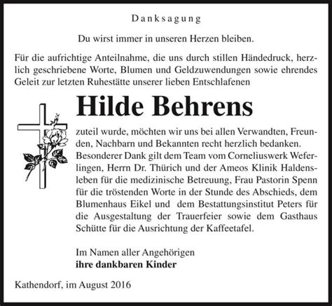 Traueranzeigen Von Hilde Behrens Abschied Nehmen De