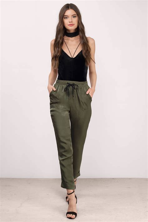 Debby Drawstring Satin Pants In Olive Summer Outfits Women Olive Pants Outfit Olive Green