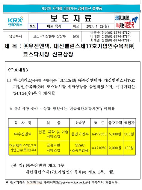 김진규 증권 블로그 우진엔텍457550 대신밸런스제17호스팩471050 코스닥 신규상장2024년 1월 24일