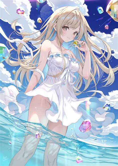 Blonde Long Hair Anime Girls Water Yellow Eyes Crystal In Water